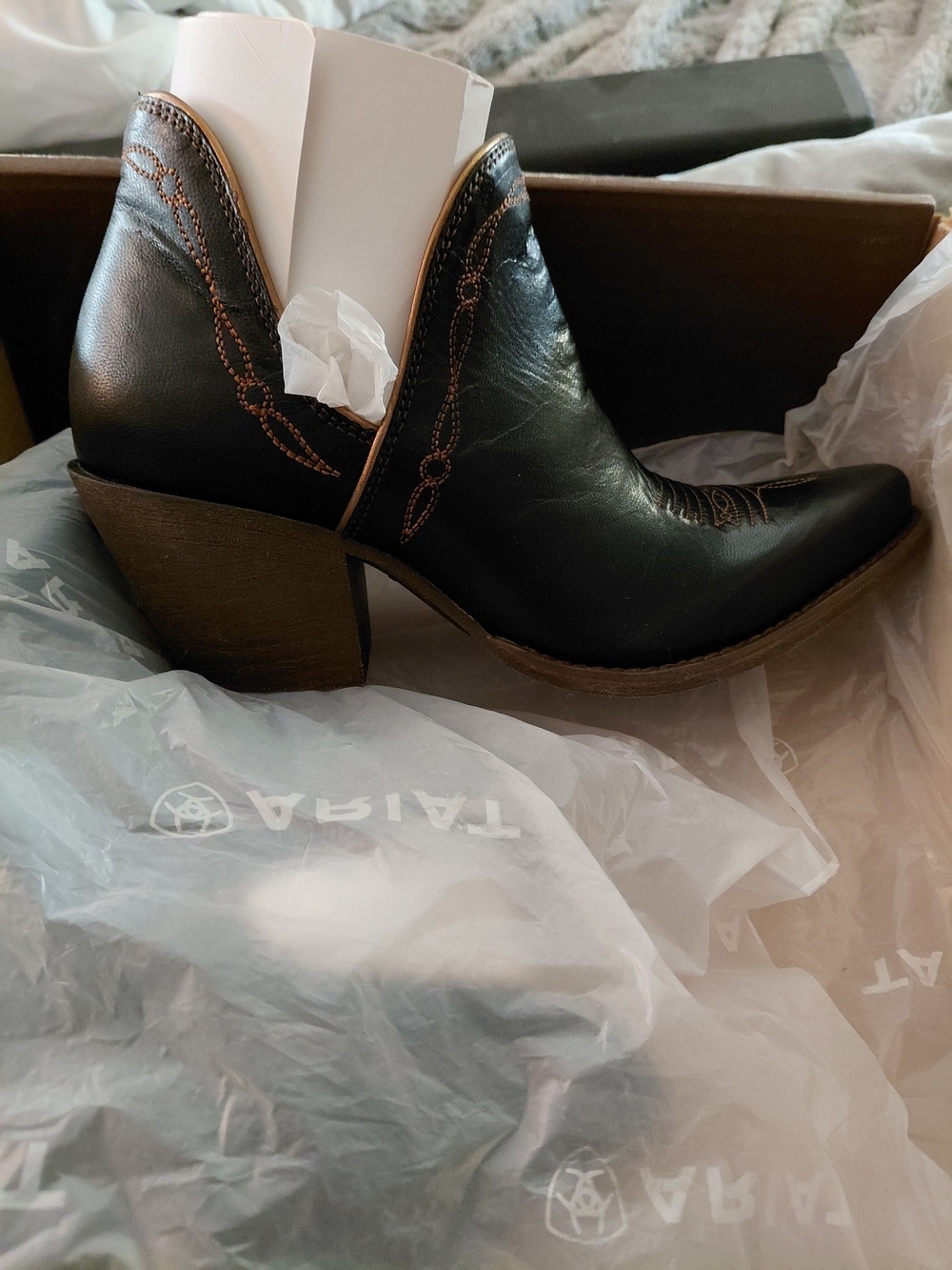 Ariat Black Leather Western Ankle Boot with Brown Heel and Tan Stitching